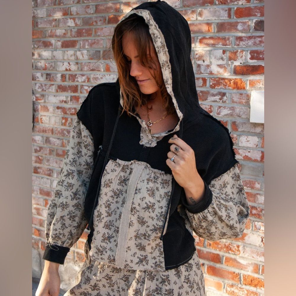 POL Patchwork Hooded Top Floral Colorblock Boho Oversized Balloon Sleeve